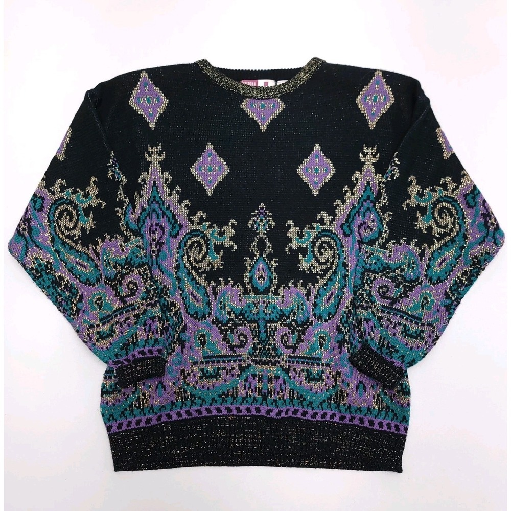 Womans Sheridan Square Sweater Size 40 Paisley Damassk Crewneck 80s Shoulder Pad